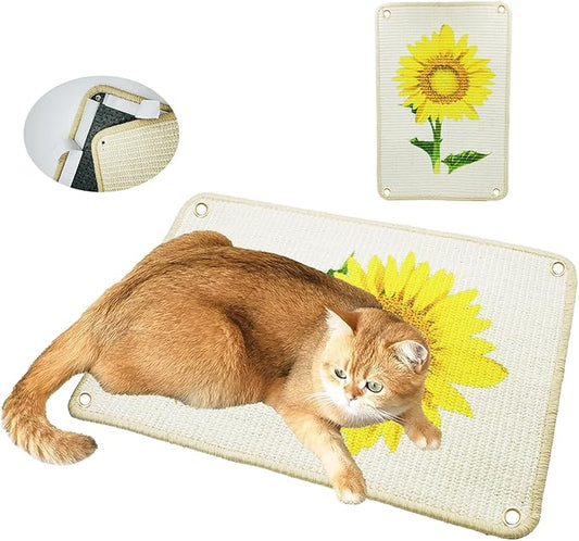 Cat Scratcher Mat, 23.6 X 15.7 Inch Natural Sisal Cat Scratch Mats Sunflower Pattern Cat Scratching Rug Wall Scratchers for Indoor Cats with Adhesive Hook Protect Carpets and Sofas（2Packs）