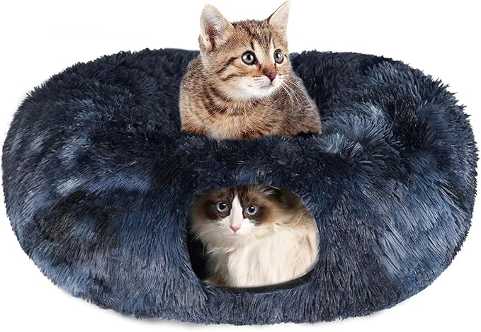 KOMUSMO Cat Tunnel Bed with Central Mat and Hanging Ball Toy, Multifunctional Large Cat Bed Cave Donut for Indoor Cats, Soft Plush Fluffy Collapsible Peekaboo Cave for Small Medium Large Cats Kittens