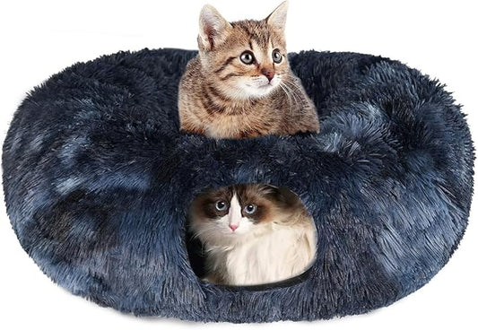 KOMUSMO Cat Tunnel Bed with Central Mat and Hanging Ball Toy, Multifunctional Large Cat Bed Cave Donut for Indoor Cats, Soft Plush Fluffy Collapsible Peekaboo Cave for Small Medium Large Cats Kittens
