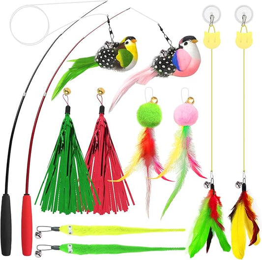 14pcs Cat Wand Toy Cute Bird Feather Cat Toys for Indoor Cats Worm Kitten Toys for Cat Colorful Self Play Hanging Cat Toys for Bored Indoor Adult Cats Interactive Cat Toy for Kitten