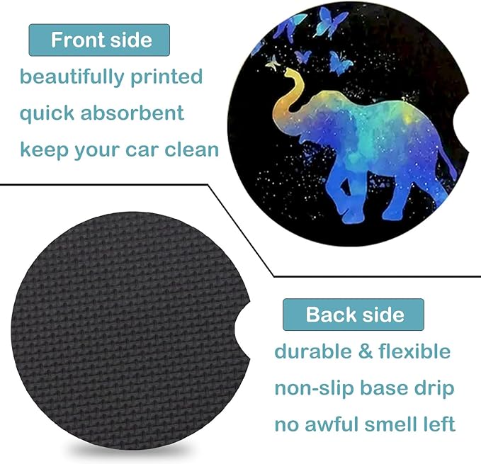 Car Coasters for Cup Holders,2 Pack Elephant Car Coasters,2.75" Universal Size Anti Slip Rubber Mat,Automotive Cup Holder Decal Decor Accessories,Elephant Gifts for Women,Men,Mom