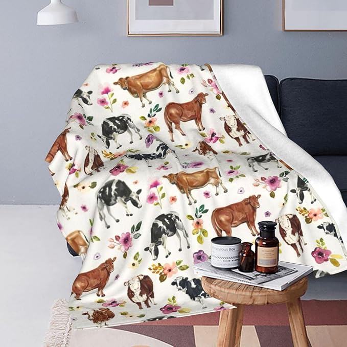 Cow Blanket Cattle Floral Decor Throw Blanket Super Warm Soft Plush Lightweight Fleece Flannel Farmhouse Cute Animals Blanket Gifts for Girls Boys Women Men for Winter Couch Bedding 40"X50"