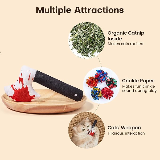 Potaroma 4Pcs Cat Toys Catnip Crinkly Sound Toy, Horror Knife-Shaped Kitten Bite Kicker Toys, Indoor Exercise 7.5 Inches for All Breeds