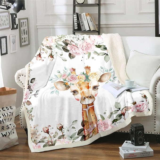 Erosebridal Pink Rose Floral Giraffe Throw Blanket, Twin Size, Microfiber Fleece Sherpa, Kids Modern Animal Blanket