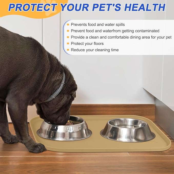Silicone Pet Feeding Mat with Raised Edge for Food and Water, Dog Bowl Mats, Cat Bowls Placemat with High Lip for Floor Waterproof, Rubber Tray for Cats and Dogs 24 x 16 x0.8 Beige