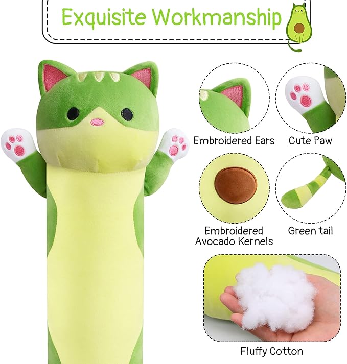 Long Cat Plush Boby Pillow, 24inch Cute Long Cat Avocado Plush Toy, Soft Kitten Boby Hugging Pillow Gifts for Kids, Boys and Girls