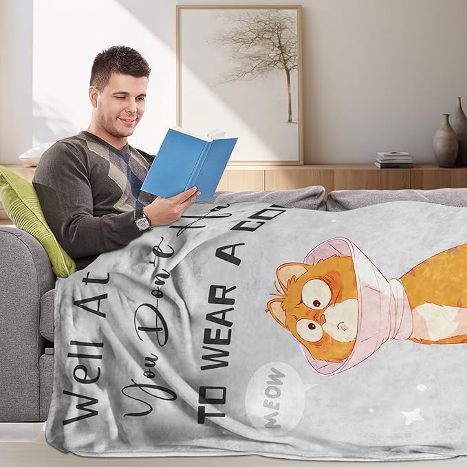 Get Well Gifts for Women After Surgery, Recovery Blanket, Surgery Recovery Gifts for Women, Well at Least, Get Well Soon Blanket Present, Grey Cute Cat Present