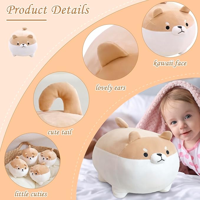 Shiba Inu Plush Kawaii Corgi Stuffed Animals with 4 Baby Corgi Plushies in Her Tummy, Soft Cotton Dog Plush Animal Pillow Gifts for Kids Boys and Girls