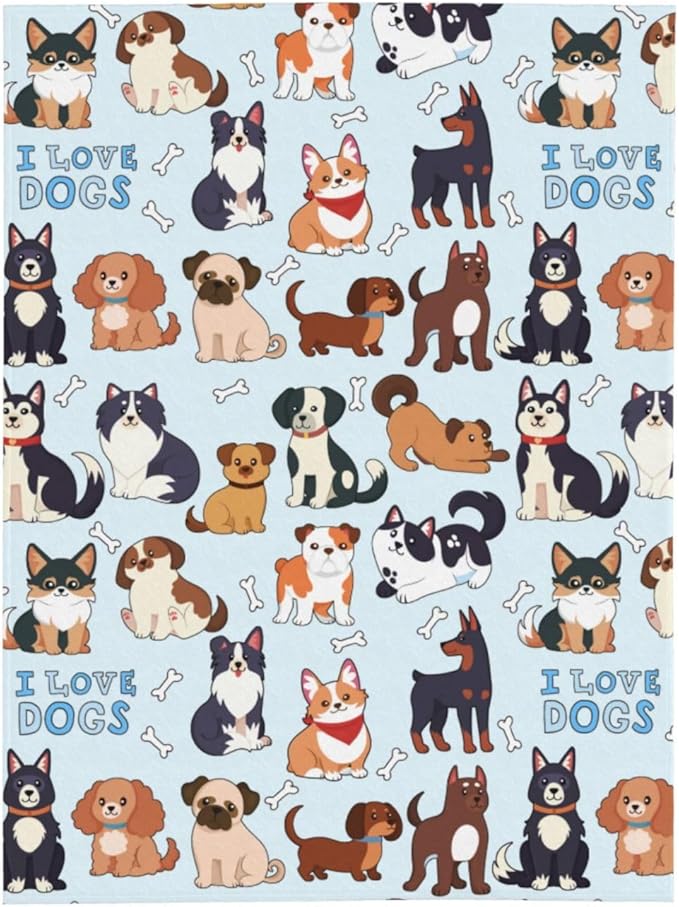 Kids Dogs Print Blanket Throw 50"x40", Plush Flannel Blankets with Dogs On It, Soft Warm Decorative for Kids Women Dog Lovers