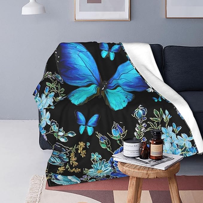 Butterfly Blanket Blue Butterflies Decor Throw Blanket Super Warm Soft Plush Fleece Flannel Beautiful Butterfly Flowers Blanket Gifts for Girls Boys Winter Couch Bedding for Baby Kids Women 50"X60"
