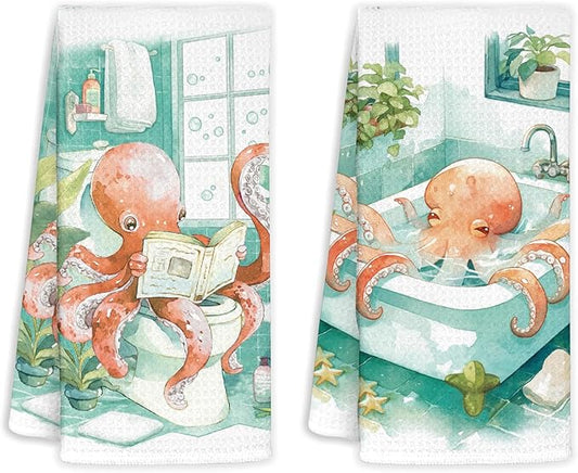 Octopus Decorative Hand Towels for Bathroom Set of 2, Octopus Bathroom Decor, Octopu Gifts for Women, Funny Octop Waffle Weave Dish Towels 18x26 Inch