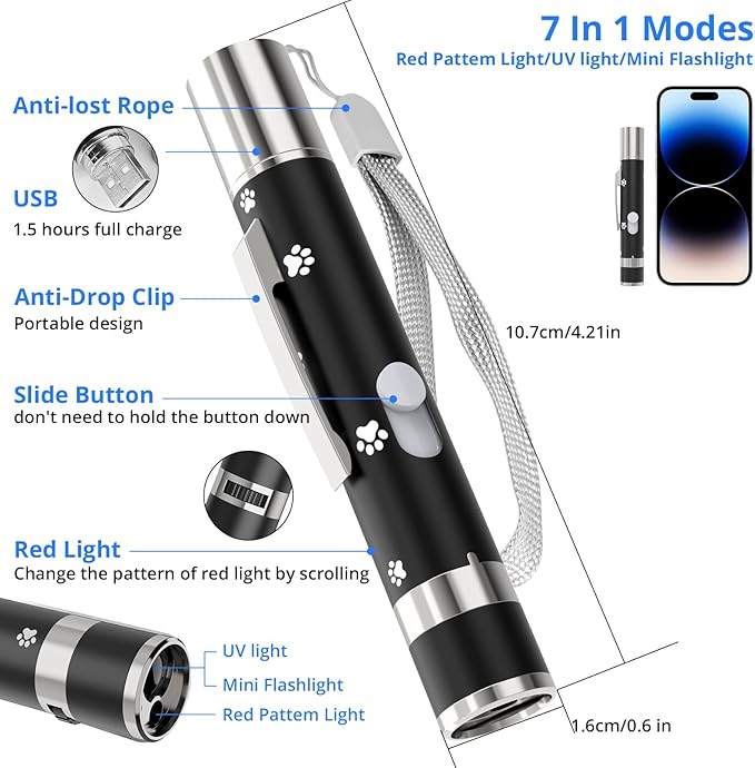 Cat Toy, Cat Toys for Indoor Cats, Long Range 7 Adjustable Patterns for Cats and Dogs, Interactive Red Cat Chase Light for Fun, Exercise and Training - USB Rechargeable