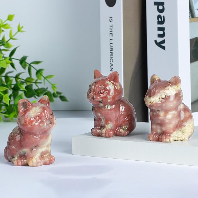 1.6 Inch Crystal Cat Statues, Plum Blossom Tourmaline Crystal Cat Figurines, Healing Crystal Kitty Figurine Decor, Cute Lucky Cat Statues for Gifts, Handcrafted Crystal Figurines for Home Ornaments