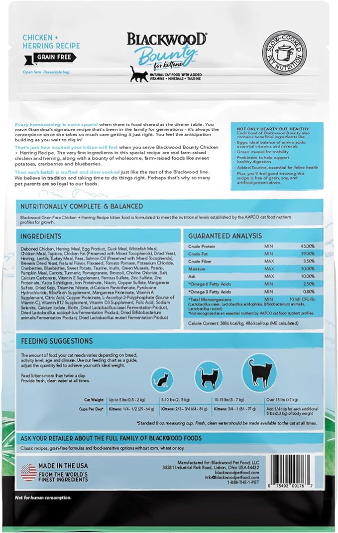 Blackwood Bounty Grain Free Kitten Food, Chicken and Herring Recipe, 4.5 lb. Bag