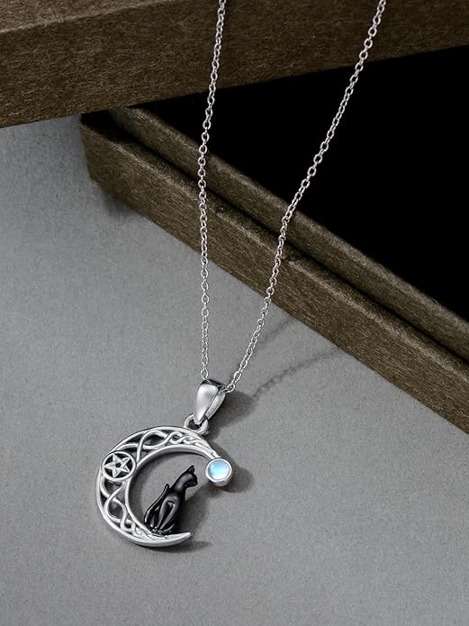 Black Cat/Dragon/Fox/Wolf Necklace 925 Sterling Silver Celtic Moon Pentagram Pendant Gothic Jewelry Goth Halloween Gifts for Women