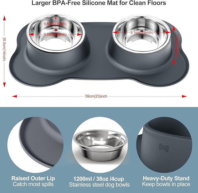 AsFrost Dog Food Bowls, BPA Free Stainless Steel Dog Food and Water Bowl Set, 2 Large Dog Bowls with No Spill Non-Skid Silicone Mat, Dog Dishes for Medium Large Sized Dogs Pet Bowls, 6 Cup, Grey