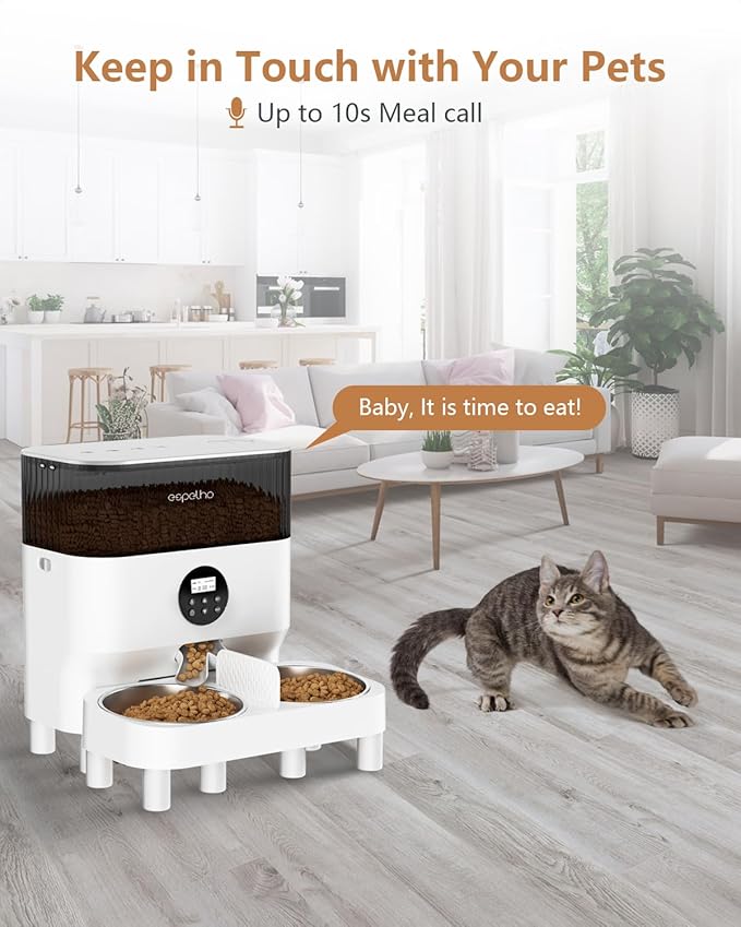 Elevated Automatic Cat Feeders for 2 Cats - 5L Timed Cat Food Dispenser with Raiser Kit & 2 Stainless Steel Bowls, 10s Meal Call Programmable Portion Control Pet Feeder for Cats & Dogs