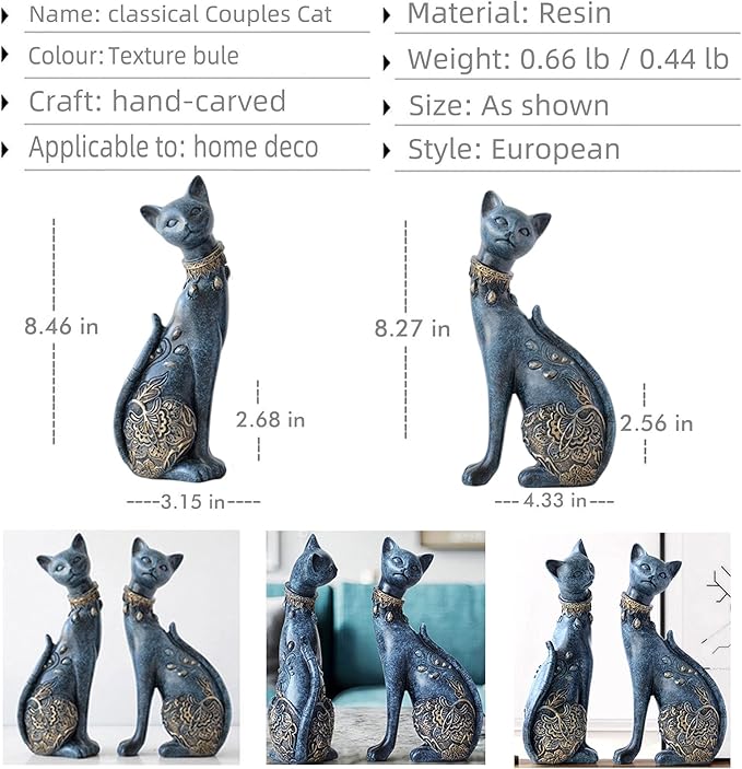 2 Pcs/set Cat Statues Home Decor, Room Decor Cat Figurines and Statues, Couple Cat Statues for Home Decor, Suitable for Living Room Wine Cabinet TV Cabinet Decoration Wedding Gift First Choice (Blue)
