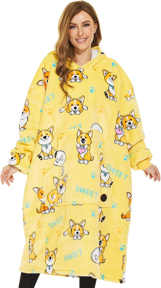 THREE POODLE Wearable Blanket Hoodie, Oversized Long Sherpa Sweatshirt Blanket for Adults Women Men, Warm Cozy Corgi Hooded Blanket, Gifts for Mom Girlfriend