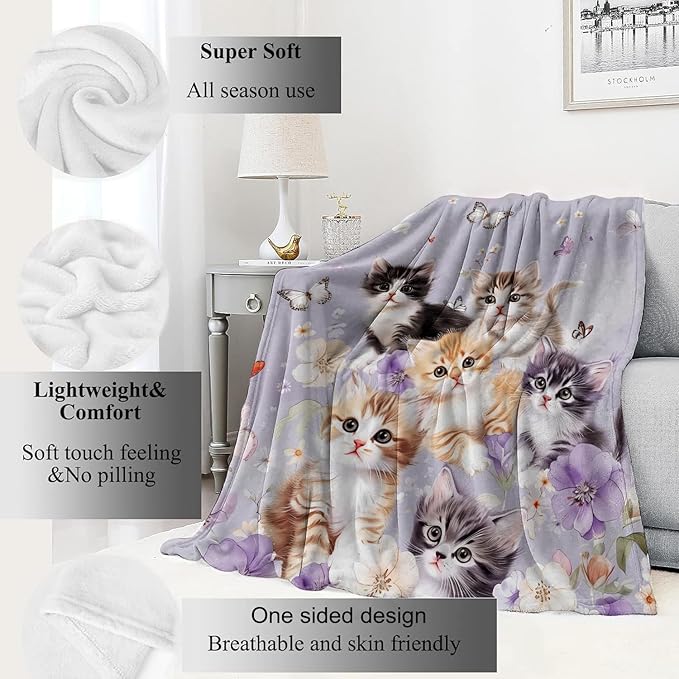 Adorable Kitten Blanket Cute Cat and Butterfly on Lavender Throw Blankets Gifts for Girls Women Adults Lightweight Soft Fleece Cozy for Sofa Couch Bed Room Travel Birthday Decor 50x60in
