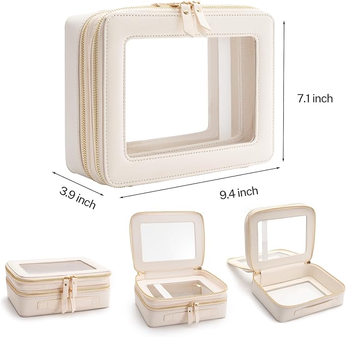 Aveniee Clear Makeup Bags, Double Layer Cosmetic Case with Separate Brush Compartment, Large Toiletry Organizer for Women, Travel Accessories Holder(2 Layers Large, White)