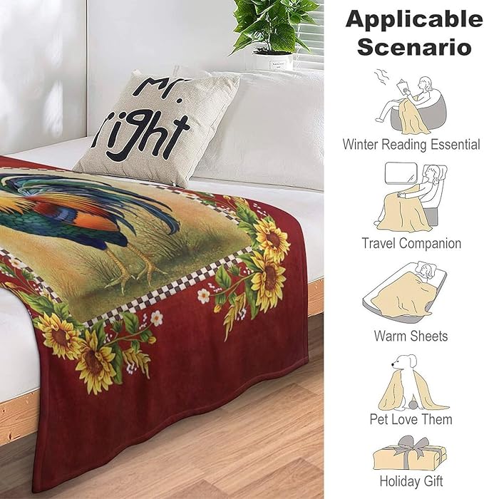 Farmhouse Rooster Blanket Chicken Sunflower Farm Country Red Print Throw Blankets for Couch Sofa Bed Lightweight Soft Cozy Fleece Plush Warm Flannel Bedding Blanket Gifts for Kids Adults 60"x80"
