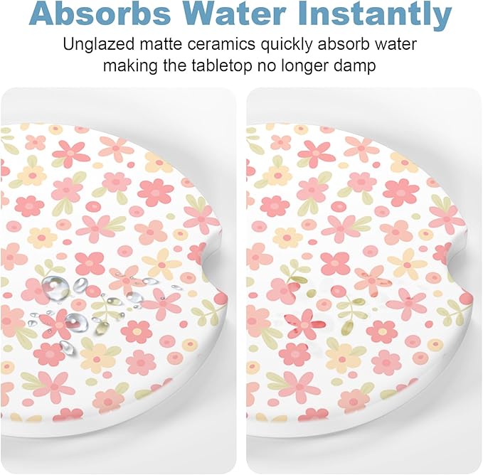 2 Pack Car Cup Holder Coaster, 2.63 inch Anti Slip Insert Absorbent Ceramic Car Coaster with Cork Base and Finger Notch, Cute Car Accessories Interior for Women, Cute Car Coasters.