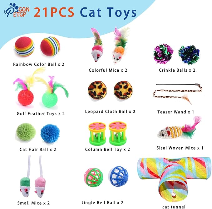 Cat Toys Kitten Toys for Indoor Cats Collapsible Cat Tunnels Tube Toy Bundle Pack, Cat Feather Teaser Interactive Feather Toy Fluffy Mouse Crinkle Balls Play for Cat Puppy Kitten