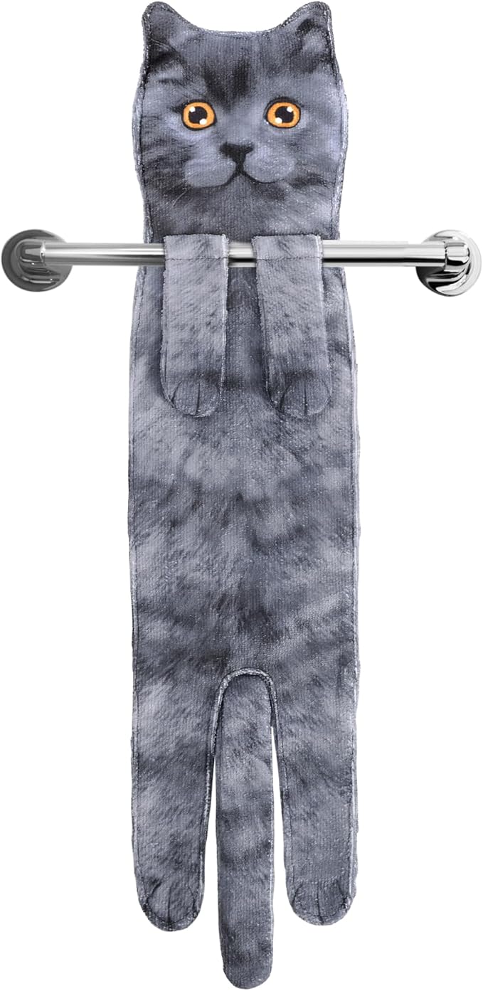 Cat Funny Hand Towels for Bathroom Kitchen- Cute Decorative Kitten Decor Hanging Face Towels- Unique Housewarming Valentines Mothers Birthday Gifts for Women Mom Cat Lovers