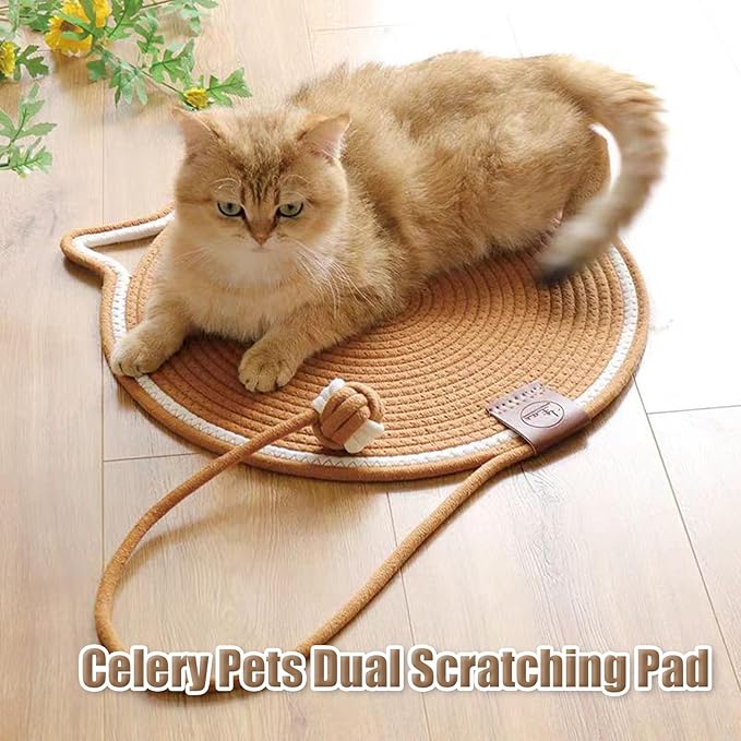 Celery Pets Dual Scratching Pad,Natural Cotton Rope Cat Scratching Pad Mat,Hand-Woven Without Debris Scratching Pads,Pets Dual Scratching Pad with Cat Toy(Caramel,17in)