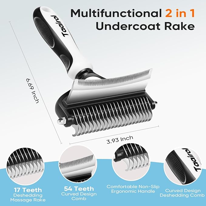 Extra Wide Undercoat Rake for Dogs and Cats, Pet Grooming Brush with Nail Clipper to Remove Loose Fur, Professional Dematting & Deshedding Comb for Tangled Hair (Medium)