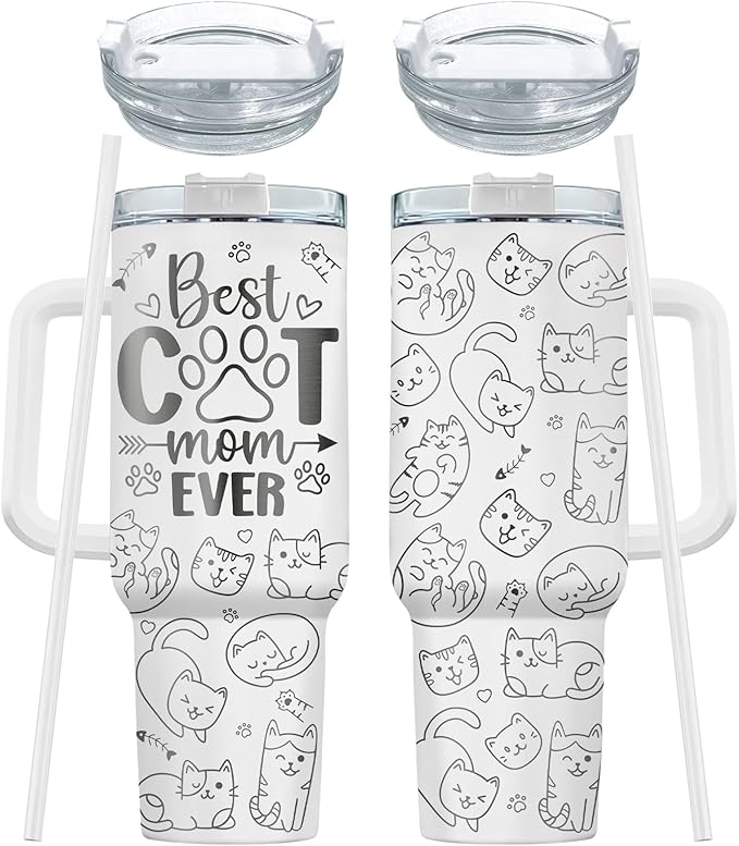 34HD Funny Cat Mom Tumbler with Handle and Straw, 40oz Double Wall Vacuum Insulated Kitty Mug, Pet Owner Gifts for Women, Cat Mom Gifts for Birthday Mothers Day Halloween Christmas