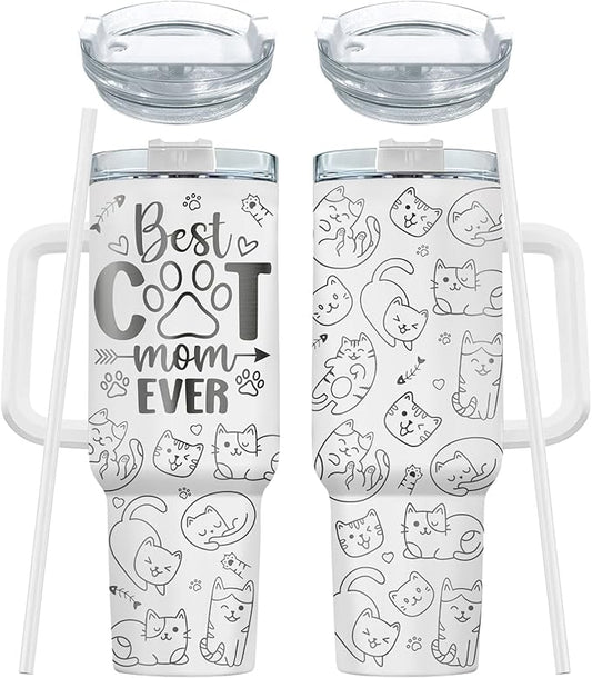 34HD Funny Cat Mom Tumbler with Handle and Straw, 40oz Double Wall Vacuum Insulated Kitty Mug, Pet Owner Gifts for Women, Cat Mom Gifts for Birthday Mothers Day Halloween Christmas