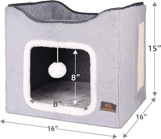 Cat Bed for Indoor Cats,Medium Large Cats Cave Bed,Machine Washable Slip Resistant Bottom,Ultra Soft Plush Cushion (Gray Fleece House)