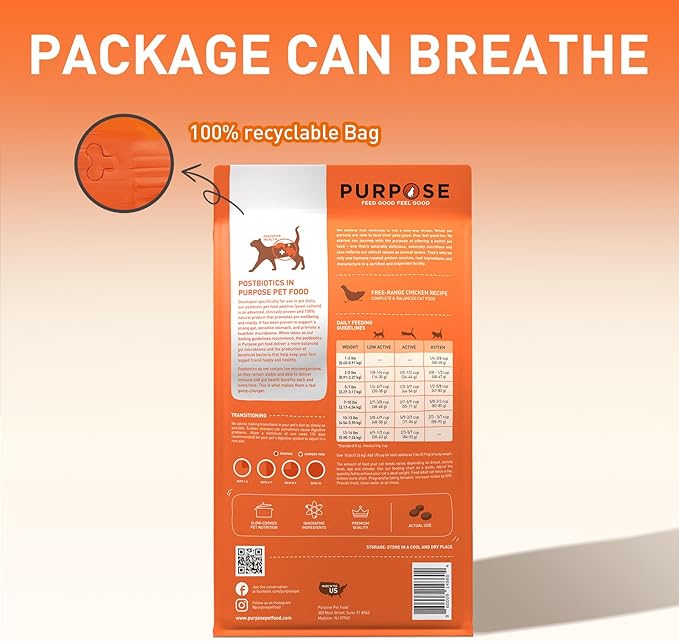 PURPOSE Natural Dry Cat Food, Grain Free Dry Cat Food, Protein Rich Indoor Cat Food for All Breeds and Life Stages, Free-Range Chicken Recipe with Postbiotics, 4.5lb Bag, USA Made…