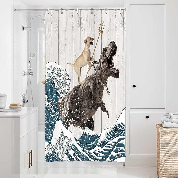 Boziqr Funny Dog Shower Curtain, Japanese Ocean Wave Dinosaur Rustic Barn Door Decor Fabric Bathroom Curtains Set, Cute Animal Kids Polyester Fabric Waterproof, 36 X 70 Inches