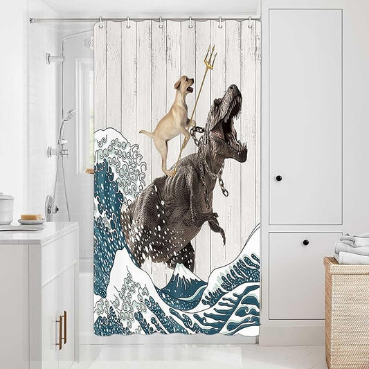 Boziqr Funny Dog Shower Curtain, Japanese Ocean Wave Dinosaur Rustic Barn Door Decor Fabric Bathroom Curtains Set, Cute Animal Kids Polyester Fabric Waterproof, 36 X 70 Inches