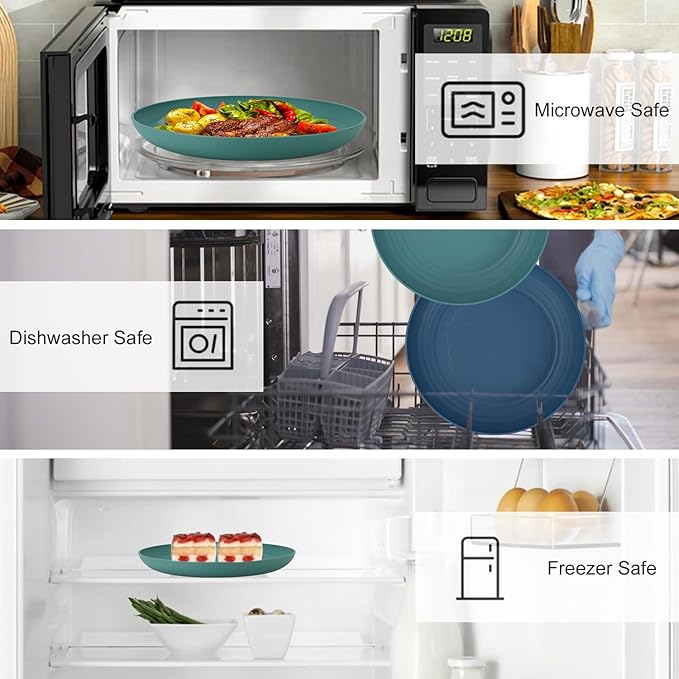 11 Inch Large Wheat Straw Plates 8 Pieces, Unbreakable Dinner Plates Reusable Plastic Plates Alternatives, Microwave Safe Plates for Kitchen, Plates Set of 8 (Multicolor)