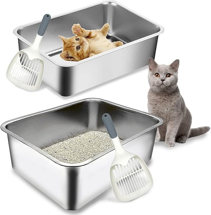 BNOSDM Stainless Steel Litter Box 2 Pack Medium Metal Cat Litter Boxes Odor Control Non Stick Pet Toilet Pan with Non-Slip Feet Mats and Litter Scoop for Cats Kittens Rabbits (17.7x13.8x6 Inches)