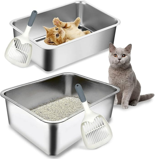 BNOSDM Stainless Steel Litter Box 2 Pack Medium Metal Cat Litter Boxes Odor Control Non Stick Pet Toilet Pan with Non-Slip Feet Mats and Litter Scoop for Cats Kittens Rabbits (17.7x13.8x6 Inches)