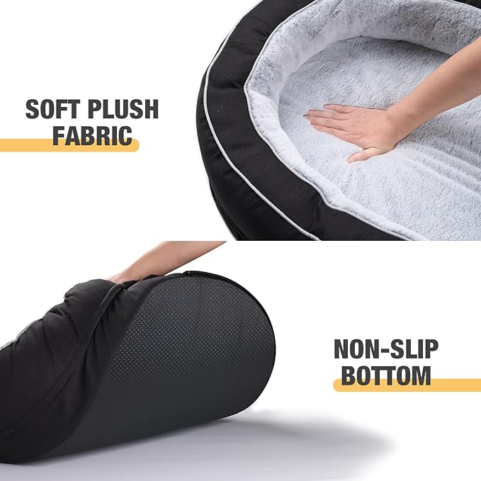Veehoo Orthopedic Cat Bed for Indoor Cats, Oval Washable Cat Bed with Egg Crate Foam Support, Indoor Donut Puppy Cat Bed Bolster Dog Bed with Removable Cover & Non-Slip Bottom, Black