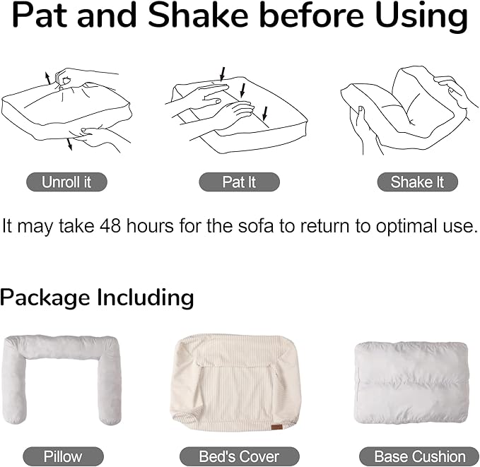 FUKUMARU Cat Couch Bed, Corduroy Cozy Cat Bed for Indoor Cats with Removable Washable Cover, Supportive Anti-Slip Dog Beds Sofa for Small Dogs Cute, 27inch, Medium, Cream