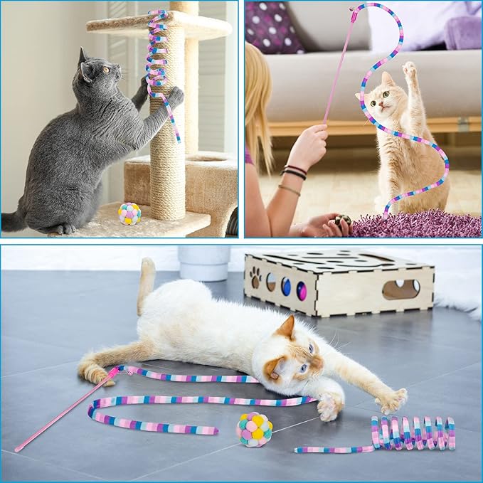 Retro Shaw Cat Toys, Cat Wand Teaser Toys Cat Fuzzy Balls with Bell Inside and Cat Springs, Interactive Cat Toys for Indoor Cats Kittens Kitty, 3 Pack