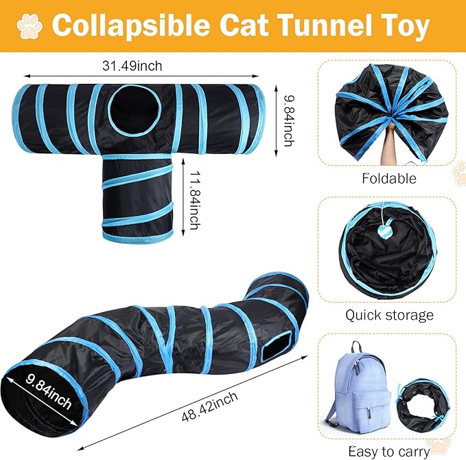 Wettarn 22 Pieces Cat Toys Set, with 2 Collapsible Cat Tunnels for Indoor Cats and 20 Kitten Toys Cat Tubes and Tunnels Interactive Cat Feather Toy Mouse Crinkle Balls for Cats Puppies (Black, Blue)