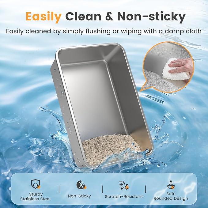 2 Pack Stainless Steel Cat Litter Box, Enclosed Metal Litter Box with Lid, XL Extra Large Cat Litter Box for Big Cats, Non-Sticky High Side Kitty Litter Box (White&LightGrey)