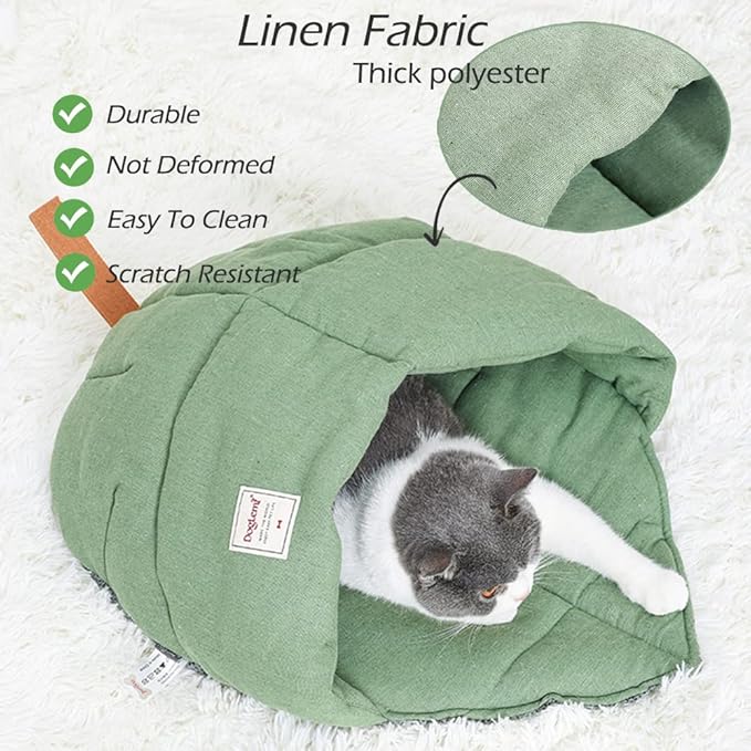 Cat Sleeping Bag , Linen Fabric Bed Cave Leaf Nest Pet Cuddle Zone Covered Hide Hood Burrowing Cozy Soft Durable Washable with Non-Slip Bottom for Indoor Puppy and Kitten (Green), PD50082