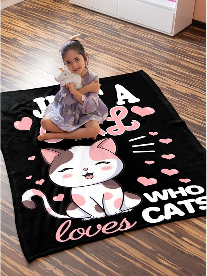 Cat Blanket Plush Gift for Kid Women Comfy Throw-Just A Girl Who Loves Cats-Soft Lightweight Kawaii Kitten Quilt Cozy Sheet Cute Animals Warm Flannel Blankets for Couch Bed Chair-50x60 Inches