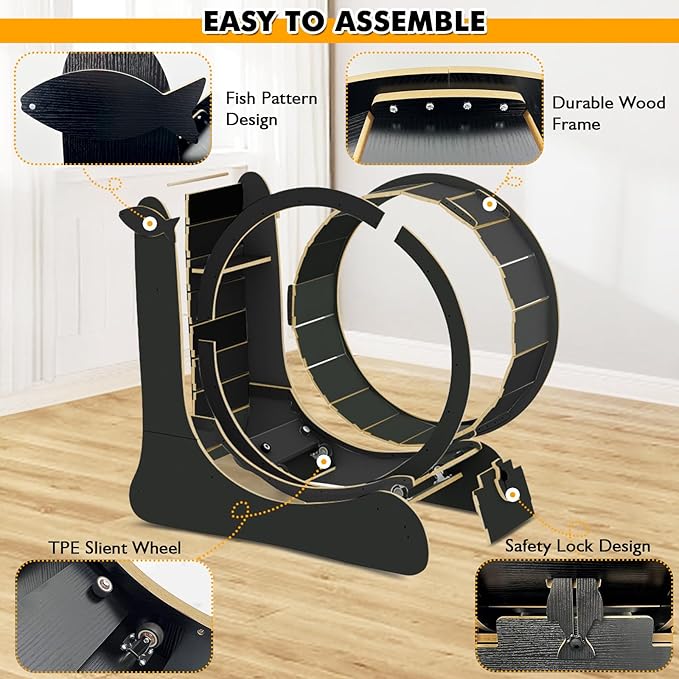 Upgraded 2 in 1 Cat Exercise Wheel，39.4" High Indoor Cat Running Wheel with Cat Scratcher, Cat Treadmill, TPE Silent Wheel, Wooden Cat Sport Exercise Wheel, Black