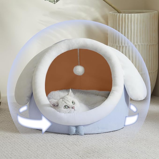 Jiupety Cute Cat Bed, Indoor Lovely Crystal Velvet Igloo for Cat and Small Dog, Warm Cat Bed Cave for Puppy and Kitten, Big Ear, L.