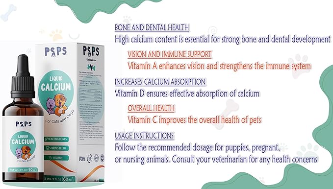 Calcium Liquid Supplement for Dogs & Cats with Added Vitamin A, Vitamin C, Vitamin D – Promotes Strong Bones, Immune Support, and Overall Pet Wellness – 2 Fl. Oz.